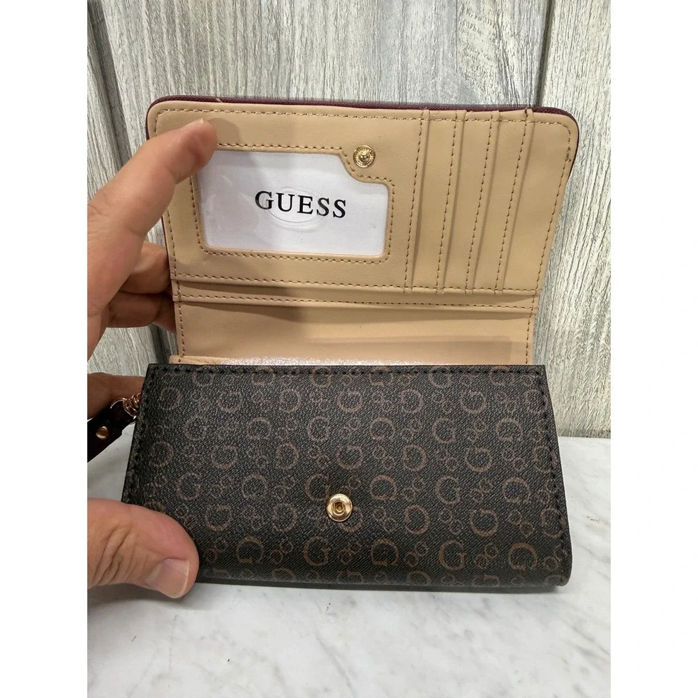 Guess Womens Monogram Logo Wristlet Wallet Brown Burgundy Gold Hardware